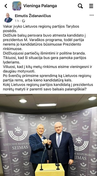 Įrašas feisbuke dėl Regionų partijos paramos M. Varaškai