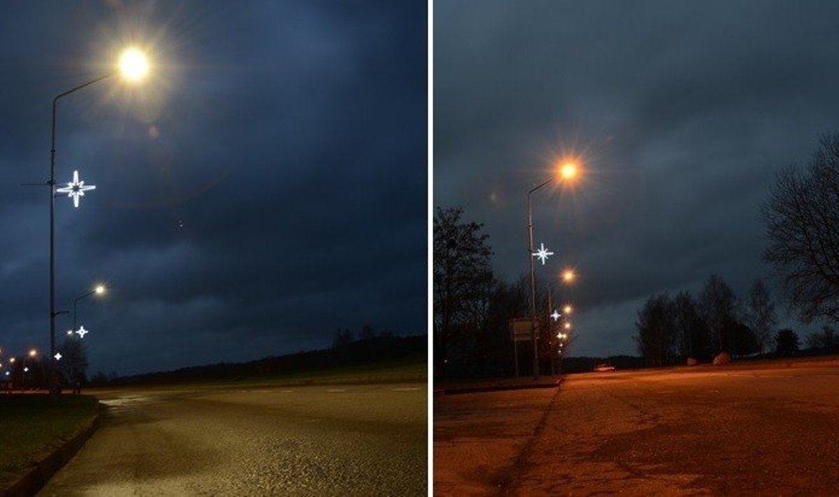 LED (kairėje) ir įprasto apšvietimo (dešinėje) palyginimas Birštono Jaunystės gatvėje