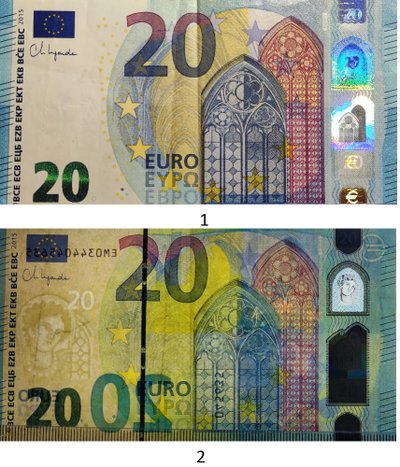 1 – 20 eurų banknotas; 2 – 20 eurų banknotas, laikant jį prieš šviesą.   D. Deinarovičiaus nuotr.