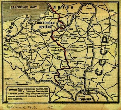SSRS ir Vokietijos interesų riba 1939 09 28. Laikraštis „Izvestija“ 1939 09 29, leidyklos „Briedis“ nuotr.