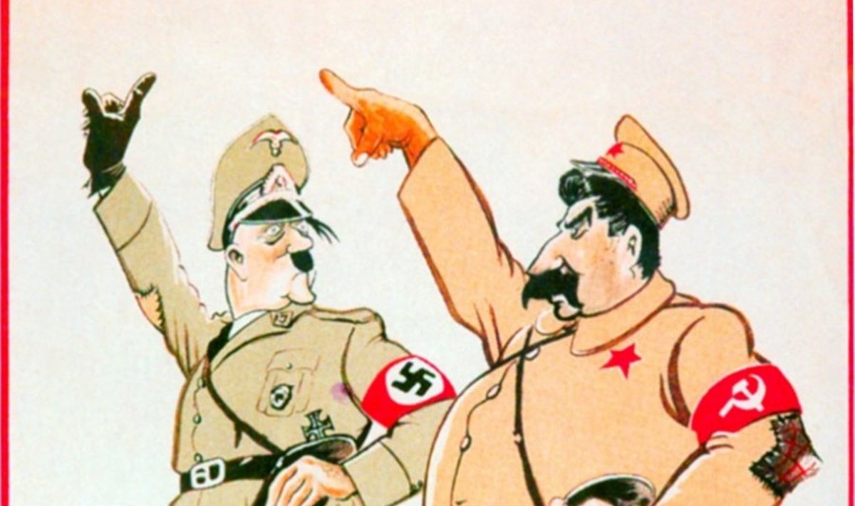 SSRS ir Vokietijos paktas: „Stalinas ir Hitleris kartu eina čiupti savo grobio“. Švedų karikatūra