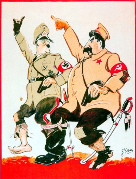 SSRS ir Vokietijos paktas: „Stalinas ir Hitleris kartu eina čiupti savo grobio“. Švedų karikatūra, leidyklos „Briedis“ nuotr.
