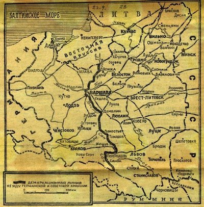 SSRS ir Vokietijos interesų riba 1939 08 23. Iš sovietinio laikraščio, leidyklos „Briedis“ nuotr.