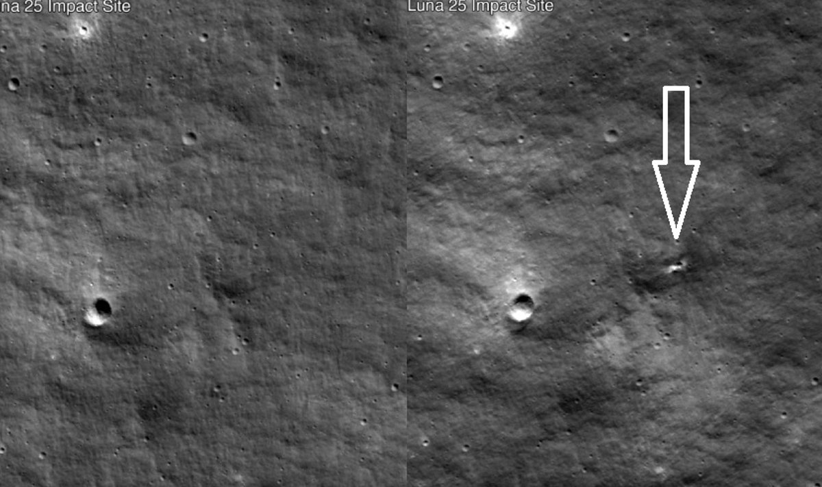 Krateris, atsiradęs po LUNA-25 smūgio. NASA/LRO nuotr.