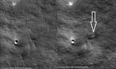 Krateris, atsiradęs po LUNA-25 smūgio. NASA/LRO nuotr.