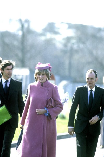 1982 metų balandžio 8 dieną, būdama šeštą mėnesį nėščia, princesė Diana „Sony TV“ gamykloje kartu su „Sony“ vadovu Akio Morita atidengė vieną atminimo lentelę. Šio renginio metu ji vilkėjo vieną pilkšvai rožinės spalvos ansamblį. Tai buvo paskutinis oficialus jos pasirodymas prieš susilaukiant pirmagimio.   