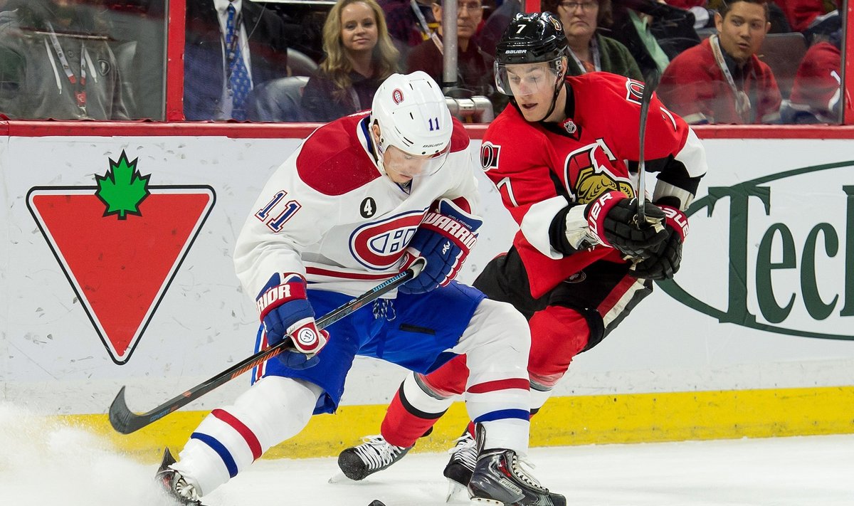 Brendanas Gallagheris ("Canadiens") kovoja su Kyle'u Turrisu ("Senators")