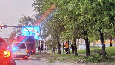 Kaune po autobuso avarijos išvartyti medžiai ir ženklai