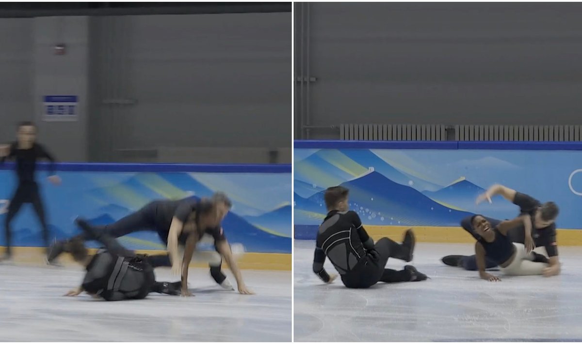 Skausmingas incidentas ant olimpinio ledo: per treniruotę Pekine susidūrė dvi čiuožėjų poros