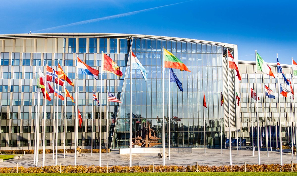 Brussels, Belgium - November 10, 2022: NATO building headquarters with flags and symbol