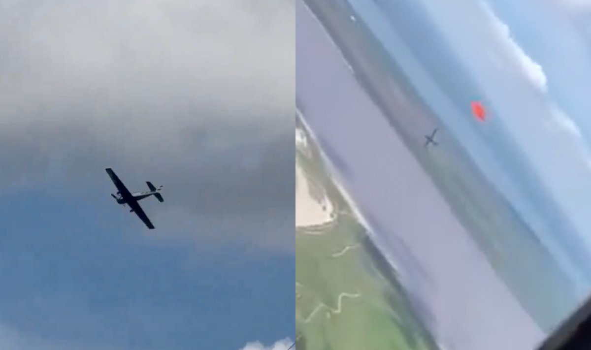Ukrainos karys pašovė rusų droną nusitaikęs iš lėktuvo 