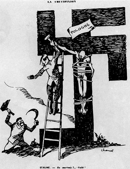 Lenkijos nukryžiavimas. Stalinas – Hitleriui: „Paduoti kūjį?.. Prašom.“ 1939 m. prancūzų karikatūra, leidyklos „Briedis“ nuotr.