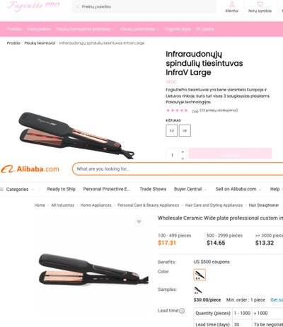 Plaukų priežiūros prietaisas: vienas – Lietuvos e. parduotuvėje, kitas – „Alibaba“ svetainėje