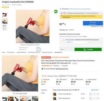 Masažo prietaisas: vienas – Lietuvos elektroninėje parduotuvėje, kitas – Kinijos „Alibaba“ prekyvietėje