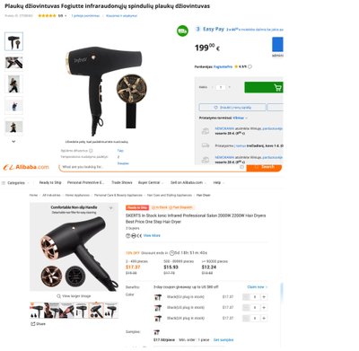Plaukų priežiūros prietaisai: vienas – Lietuvos elektroninėje parduotuvėje, kitas – Kinijos „Alibaba“ svetainėje