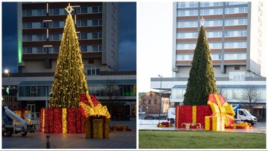Marijampolėje vėl sužibo Kalėdų eglė: nuverstą vėjo žaliaskarę pakeitė nauja