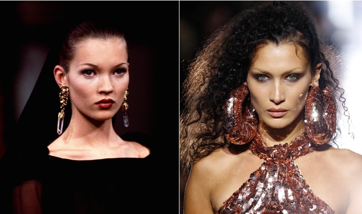 Kairėje – modelis Kate Moss 1993 metais. Dešinėje – modelis Bella Hadid 2022 metais.