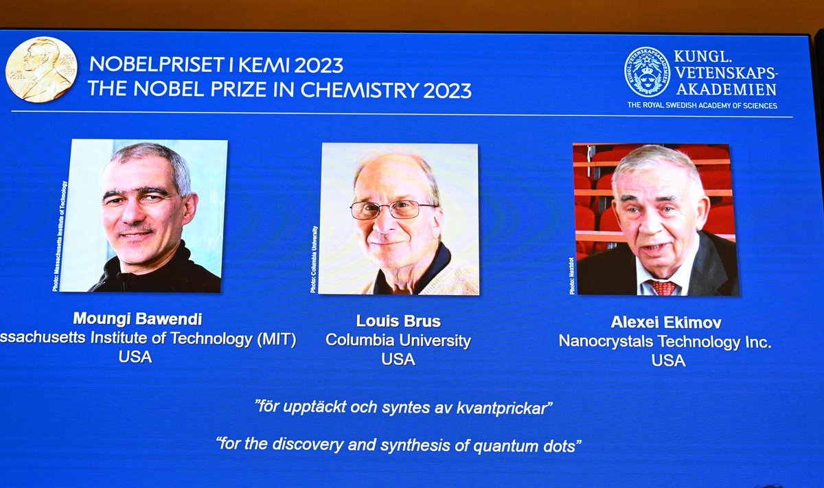 2023 metų Nobelio chemijos premija trečiadienį paskirta JAV dirbantiems mokslininkams Moungi Bawendi, Louisui Brusui ir Aleksejui Ekimovui už puslaidininkinių nanokristalų tyrimus.