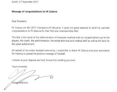 Gianni Infantino laiškas "Sūduvos" klubui