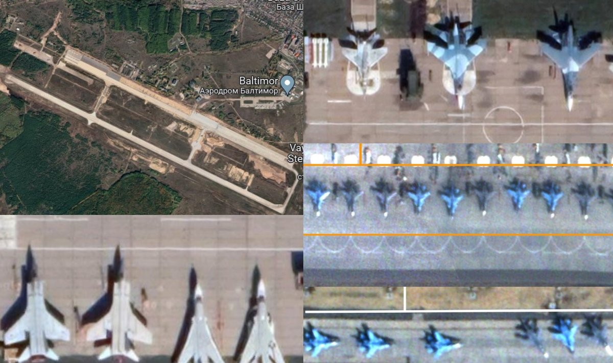 Voronežo aerodrome išrikiuoti rusų karo lėktvuvai. Planet Labs/Skywatch Space Applications/Orion Intel/LandSat/Copernicus/TerraMetrics/GoogleMaps nuotr.