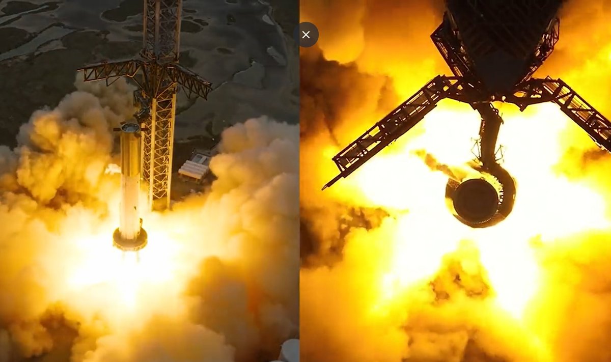 Raketos Super Heavy Booster 7 variklių bandymas. SpaceX/Twitter nuotr.