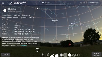 Žvaigždė Regulus, žvelgiant į pietvakarius iš Kauno, birželio 3 dieną, apie 22:53. Stellarium iliustr.