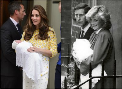 Kate Middleton šį šeštadienį su tik gimusia dukra ir princesė Diana 1987 metais.