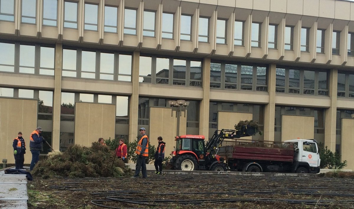 Workers by the Seimas building