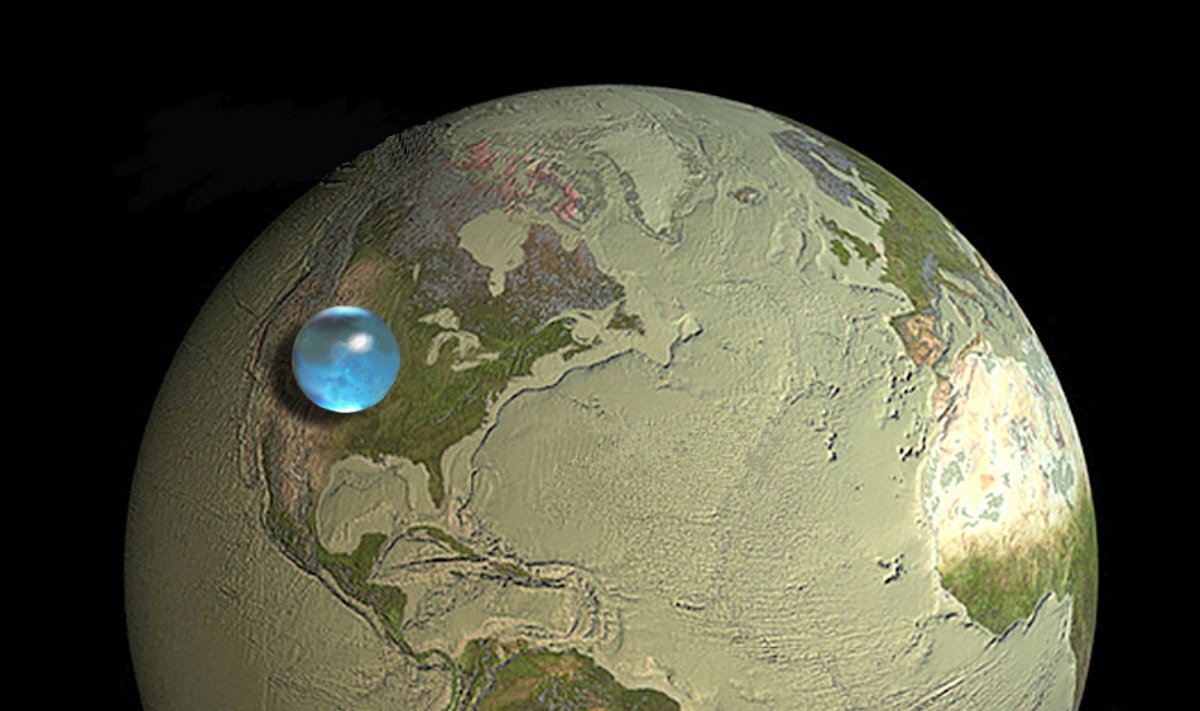 Žemės vandens tūrio ir planetos palyginimas (Jacko Cooko, Woods Hole okeanografinės institucijos ir  USGS nuotr.)
