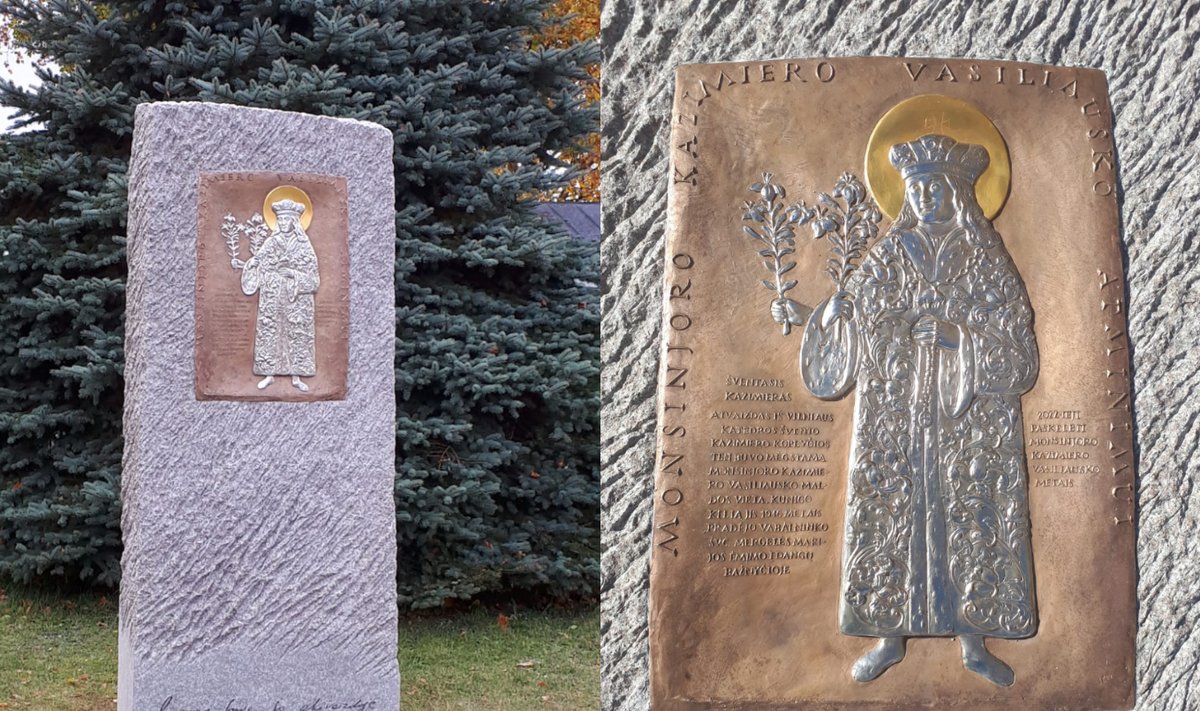 Šv. Kazimiero stela, skirta monsinjoro Kazimiero Vasiliausko atminimui (Jono Gencevičiaus nuotr. / DELFI montažas)