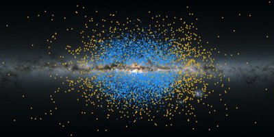 Šiame paveikslėlyje parodyta Šakti (geltona) ir Šivos (mėlyna) žvaigždžių vieta ir pasiskirstymas visame Paukščių take.  ESA/Gaia/DPAC/K. Malhan iliustr.