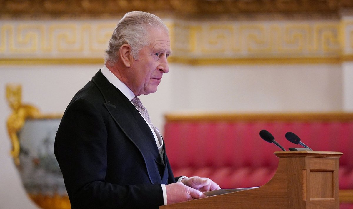 Britain's King Charles III speaks during a presentation of loyal addresses by the privileged bodies, as part of the ceremony at Buckingham Palace, in London, on March 9, 2023. - The Privileged Bodies are culturally significant organisations and institutions that reflect the UK's diverse society, drawn from the education sector, as well as incorporating science, arts, and religious institutions. Traditionally, the Privileged Bodies are given the opportunity to present loyal addresses to the monarch, representing the key role they play in British society. (Photo by Yui Mok / POOL / AFP)