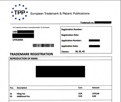 Sąskaitas siunčiantys subjektai dažnai keičia pavadinimus. Pvz., ESINT prekių ženklų registre yra nurodytas vienas iš klaidinančių sąskaitų rengėjų – „TPP-Trademark & Patent Publications“. Identiško turinio sąskaita yra siunčiama su identiškais duomenimis (žr. nuotrauką), tačiau pavadinime jau pridėjus žodį „European“.