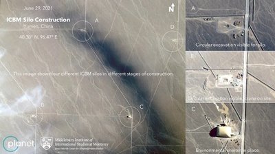 Palydovinės nuotraukos rodančios raketų šachtų buvimo vietas Kinijoje
