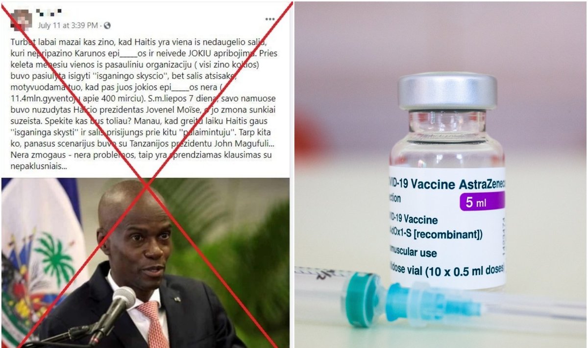 Kairėje – klaidinanti žinutė, dešinėje – „AstraZeneca“ kurta vakcina nuo COVID-19