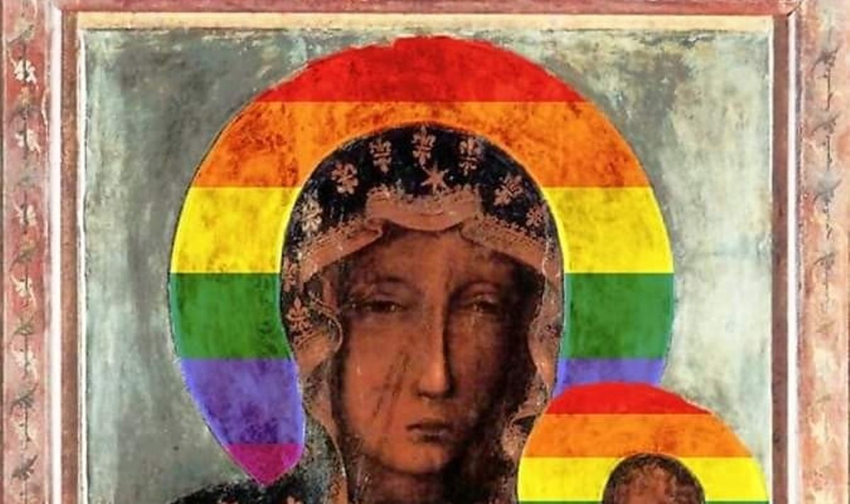 Lenkijoje sulaikyta moteris, pakabinusi Mergelės Marijos plakatus vaivorykštės fone