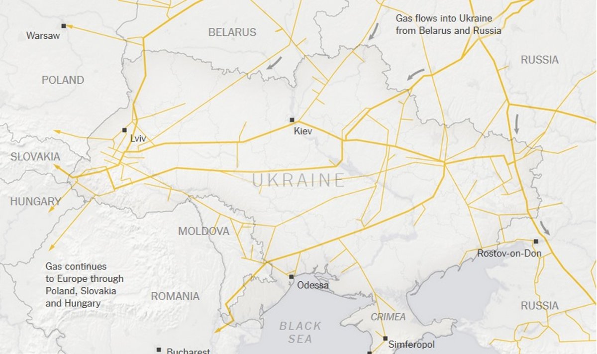 Dujotiekių linijos Ukrainoje ir Kryme (nytimes.com nuotr.)