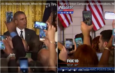 Kairėje - Baracko Obamos kalbos, minint „Juodosios istorijos mėnesį 2016“, kadras; dešinėje - kadras iš Hilary Clinton rinkiminės kampanijos Grinsboro mieste 2016 m.