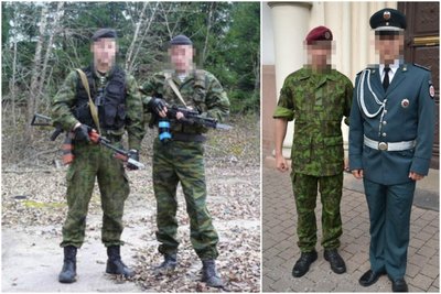 Policininkas su kolega iš Lietuvos kariuomenės pozuoja su rusiška uniforma kairėje ir policijos dešinėje