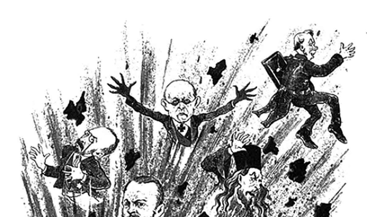 „Mes visą žemę susprogdinsim...“ Rusijos revoliucijos laikų plakatas, vaizduojantis po sprogimo skriejančius į Visatą Laikinosios vyriausybės narius...Leidyklos „Briedis“ iliustracija