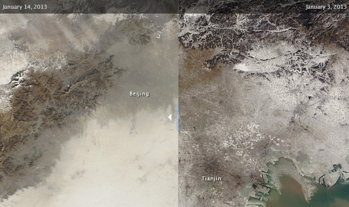 Oro taršo palyginimas virš Pekino sausio 14 d. ir sausio 3 d.