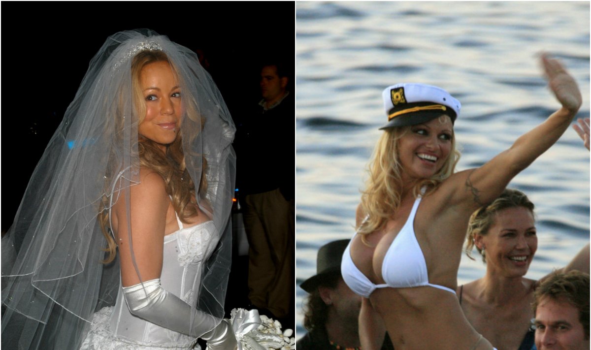 Dainininkė Mariah Carey ir aktorė Pamela Anderson savo vestuvių dieną.