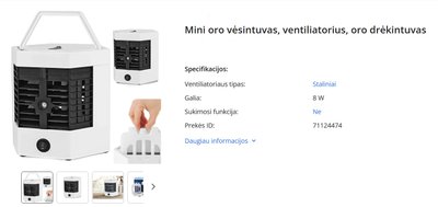 Štai vienoje populiarioje internetinėje parduotuvėje parduodamas „Mini oro vėsintuvas, ventiliatorius, oro drėkintuvas“, kurio kaina – 14,99 Eur