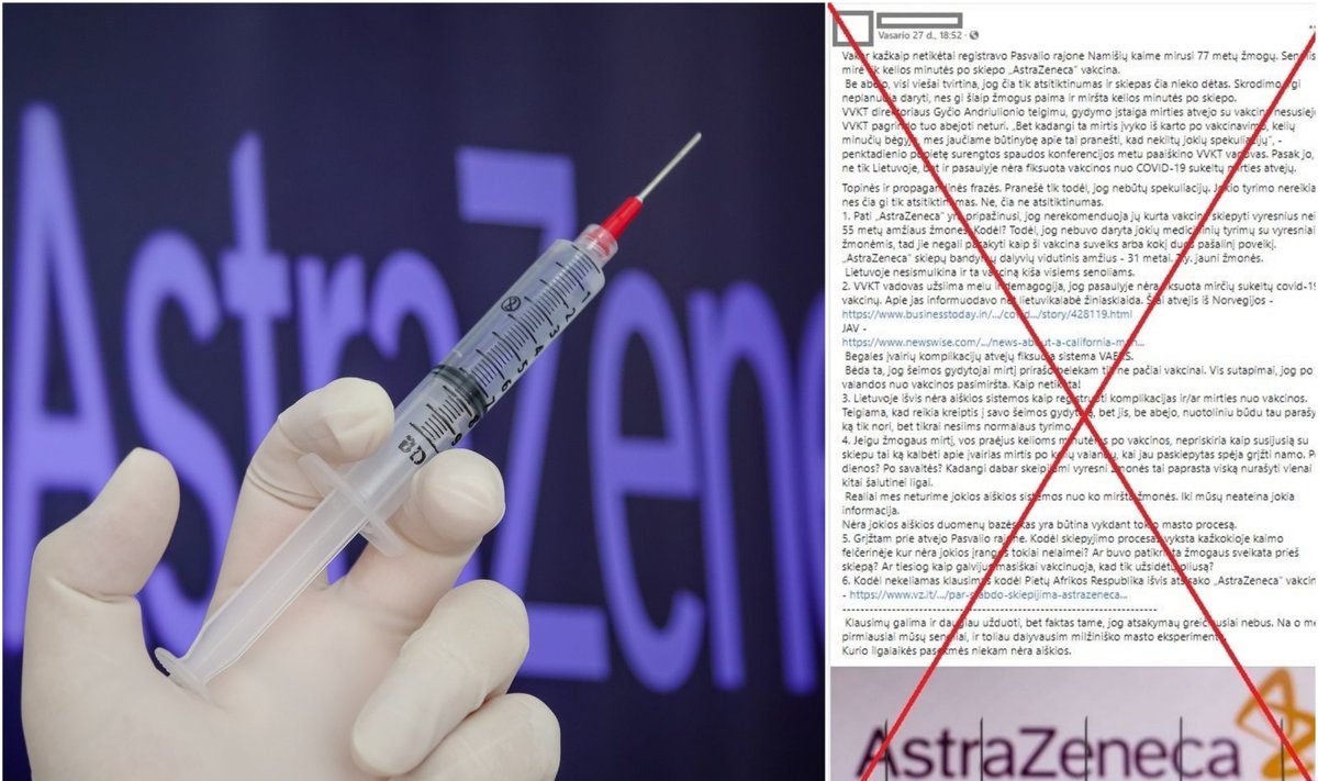 Dešinėje - klaidinanti žinutė apie „AstraZeneca“ vakcinas