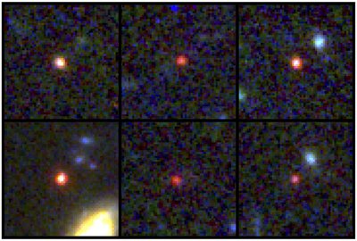 Šešios pernelyg masyvios galaktikos James Webb teleskopo nuotraukose. Šaltinis: NASA, ESA, CSA, I. Labbe (Swinburne University of Technology). Vaizdų apdorojimas: G. Brammer (Niels Bohr Institute’s Cosmic Dawn Center at the University of Copenhagen)