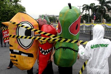 "Greenpeace" aktyvistai, persirengę daržovėmis, protestuoja prieš genetiškai modifikuotą maistą (Bankokas).